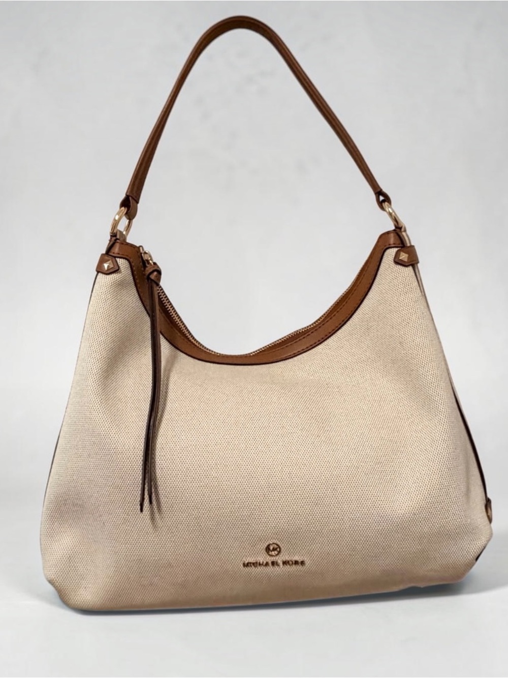 Michael Kors Maeve Large Hobo Shoulder Bag Natural Acorn Canvas Leather NWT